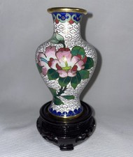 Cloisonne Small Vase White Background W/Floral Design W/Stand