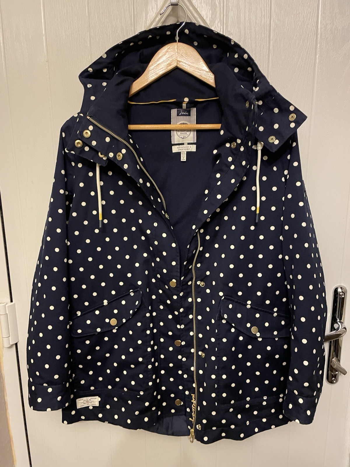 Joules Right As Rain Waterproof Rain Coat Size 6 Navy Polka Dot image 7
