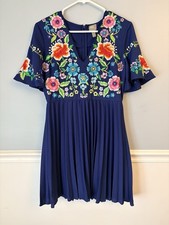 ASOS Embroidered Floral Pleated Midi Dress Navy Blue Size 6