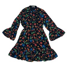 Calvin Klein Floral Print Bell Sleeves Boho Dress Multicolor Tie Neck Sz 10