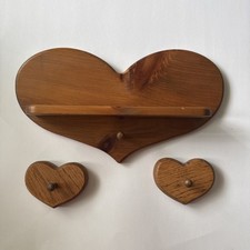 Vtg Handmade Wood Heart Shaped Shelf and Peg with 2 Heart Peg Hangers Set Of 3