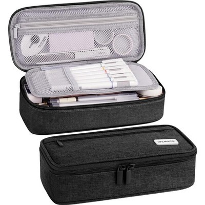 Großes Federmäppchen Etui Stifte 5 Fach Schwarz Leinwand