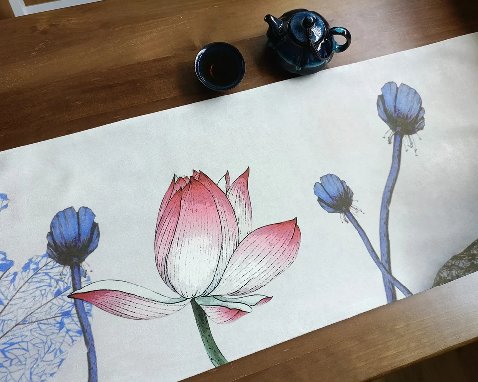 Double-Layer Table Runner with Tassel Chinese Decor Lotus Painting - Image 3 of 4