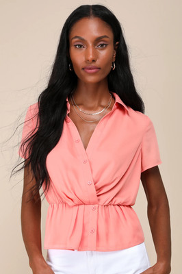 Lulu's NWT Sophisticated Influence Peach Pink Collared Peplum Top Size Small