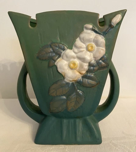 Roseville Reproduction Pottery Green Fan Vase with White Roses Notch Top #937