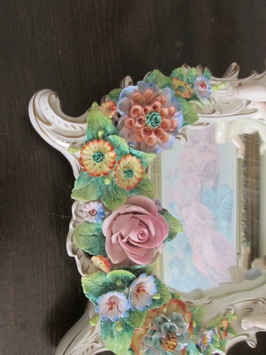 Antique Sitzendorf Germany Porcelain Table Mirror Cherubs Flowers - Picture 3 of 12