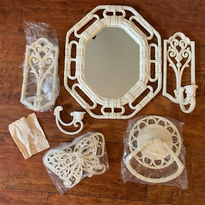 Homco 9 Pc Wall Decor Set wicker Mirror Butterflies Candle Sconce Towel Holder