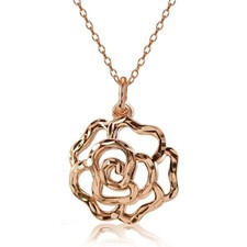 Rose Gold over Silver Polished Diamond-cut Filigree Rose Flower Pendant Necklace