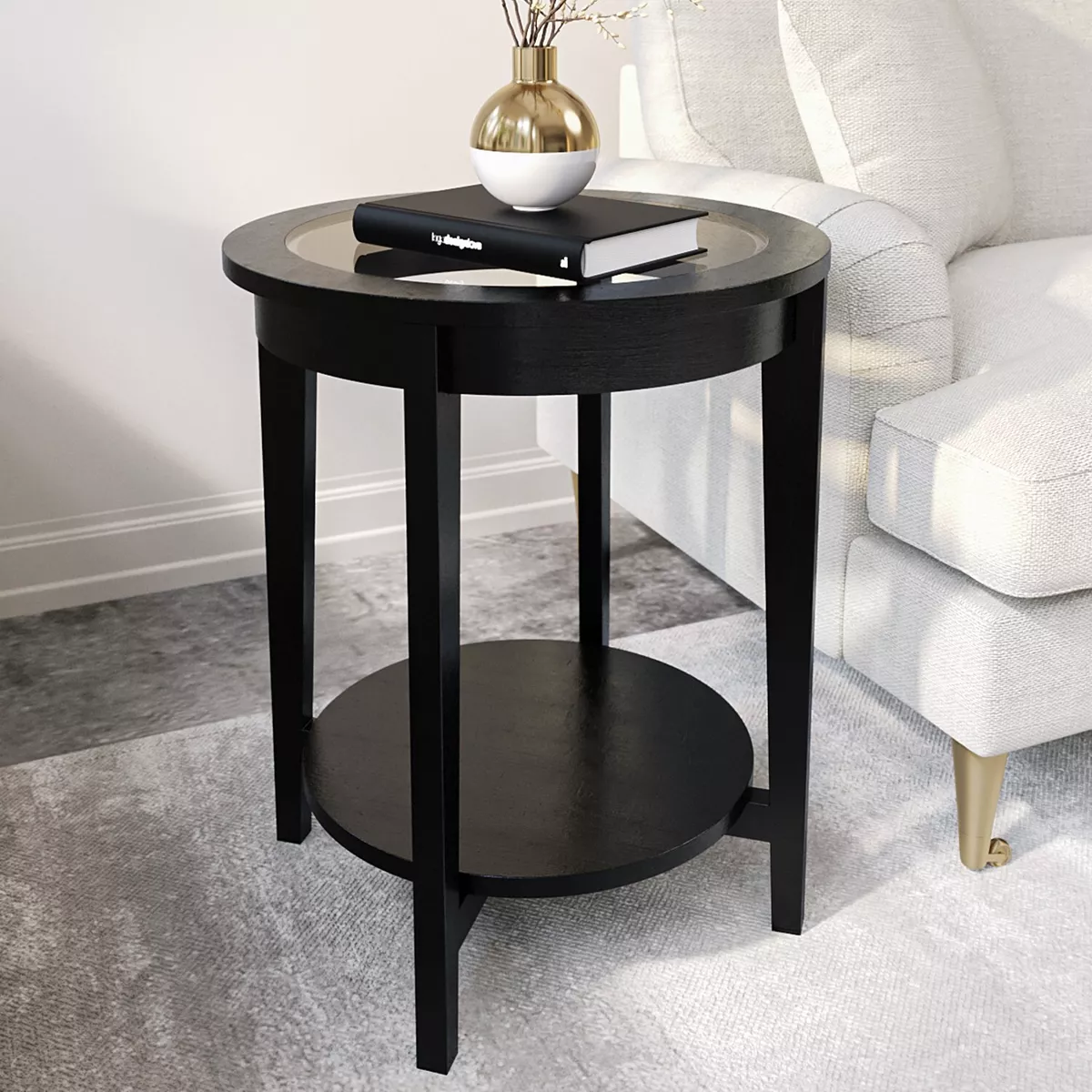 Round Black Glass Top Side Table with Storage Toula TLA002 eBay