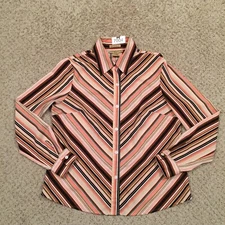 Notations Shirt Womens PM Orange Brown Striped Long Sleeve Button Up Stretch