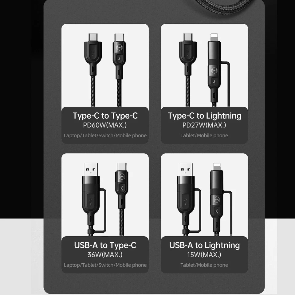 Multi USB C QC Fast Charging Cable 4 in 1 USB C/USB A to USB C To iPhone PD 60W - Image 4 of 4