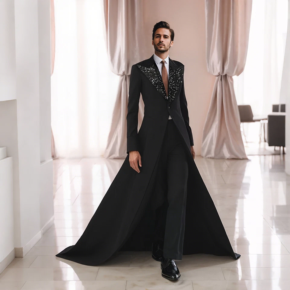 Men's Solid Suits 2 Pieces Slim Fit Jacket Pant Long Wraps for Wedding Party - Image 3 of 4