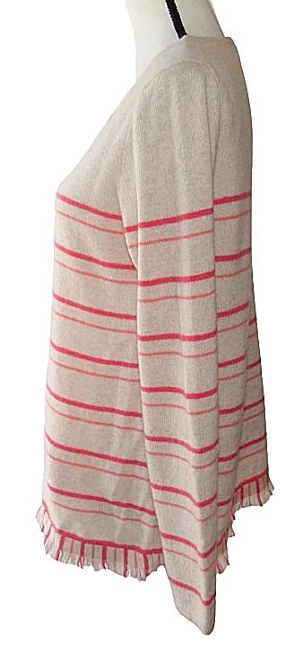 Suéter Charter Club tamanho L listrado rosa bronzeado bainha franja luxo 100% cashmere NOVO - Imagem 4 de 4