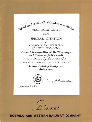 NORFOLK WESTERN SPECIAL CITATION DINNER MENU 4 PAGES