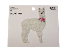 White and Silver Llama Embroidered Iron-on Patch Applique Design Loft B11