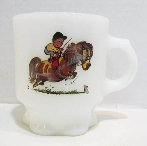ANCHOR HOCKING FIRE KING MILK GLASS MUG CARTOON HORSE & JOCKEY VINTAGE HTF
