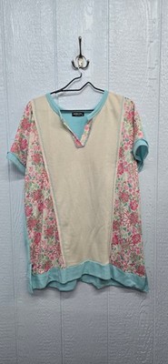 New 2X HEIMISH USA Cream & Pink Floral Panel Short Sleeve Tee with Aqua Trim 