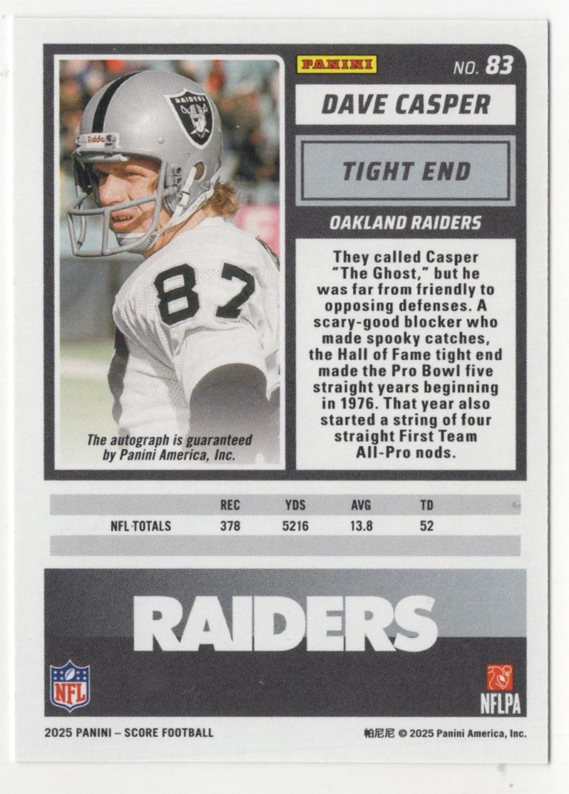 2025 Panini Score Dave Casper Auto Oakland Raiders #83 | eBay