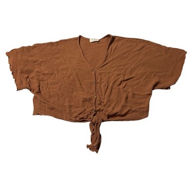 Free Kisses Women s Medium Brown Tie Front Button Gauze Crop Top Batwing Boho