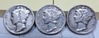 3 Mercury Dimes  1942 G+,  1942-D AU,  1942-S Fine