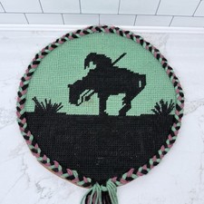 Vintage Handmade Horse Portrait Needlepoint Cross Stitch Round Wood Art