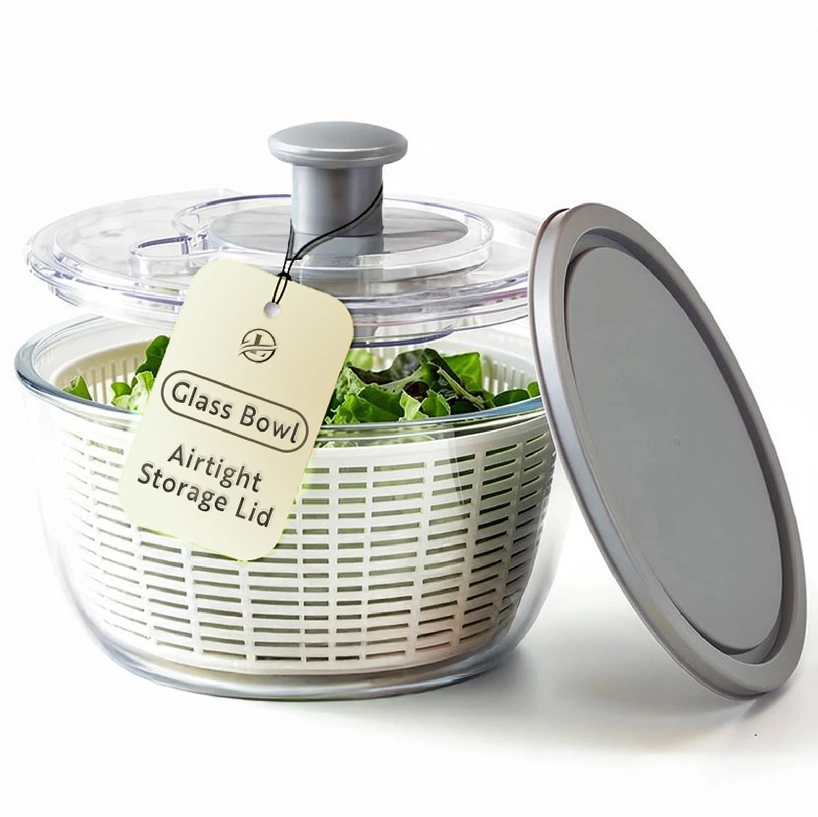 Glass Salad Spinner with Airtight Lid - BPA-Free - Easy Pump Lettuce Spinner ...
