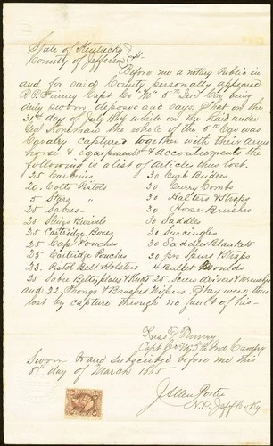 KY JEFFERSON County Kentucky 5th Indiana Cavalry Captured July 31, 1864 Notary