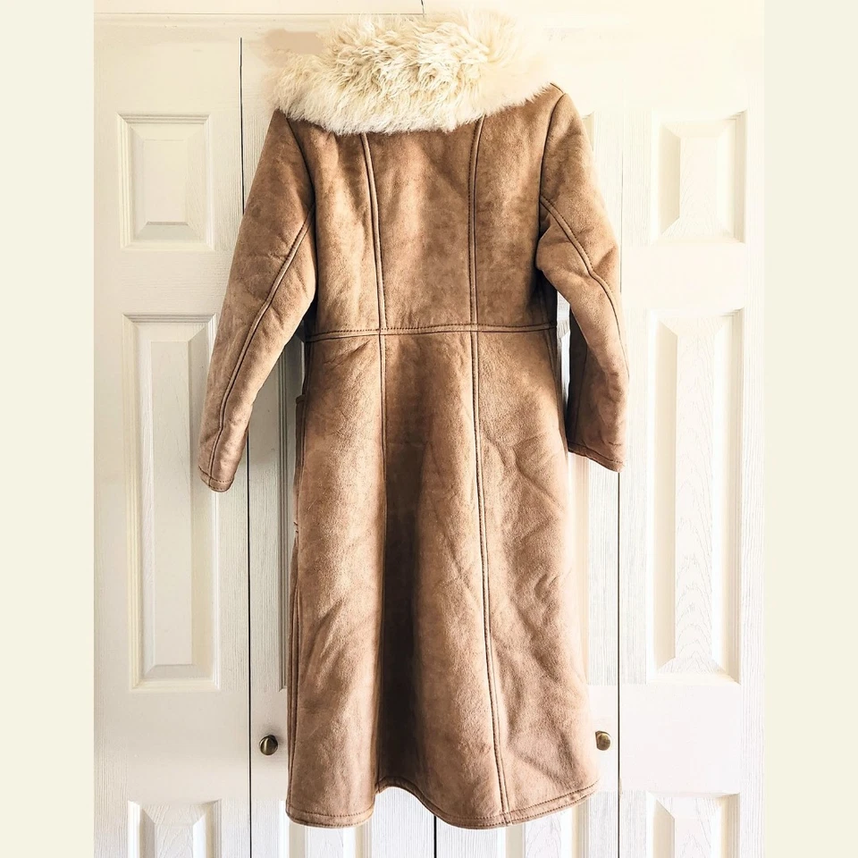 Abrigo Penny Lane escocés vintage de piel de oveja tostado y crema para mujer, M/L Foto 4 de 4