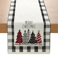 Table Runner 13x72 Inch Watercolor 13"W x 72"L Buffalo Plaid Christmas Tree