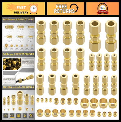 46pcs Brass Compression Fittings Assortment Kit - 1/8'' to 1/2'' OD Connectors & S