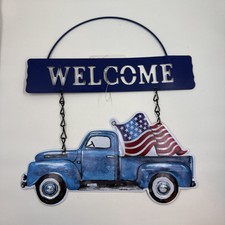USA Truck Hanging Metal WELCOME DOOR SIGN Flag America Rustic Farmhouse
