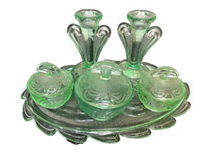 Art Deco 1930s Bagley  green glass 6pc Boudoir Set 'Rutland 3078' swirl pattern