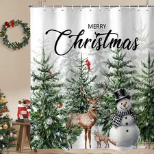 Christmas Snowman Shower Curtain, Winter Deer Snowflake Pine Tree Forest Card...