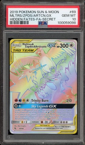Pokemon Moltres & Zapdos & Articuno GX Hidden Fates Secret Rare #69 PSA 10