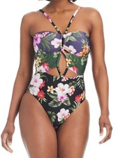 Bar III Women's Floral-Banded Keyhole One-Piece Swimsuit Black Multicolor M, 94
