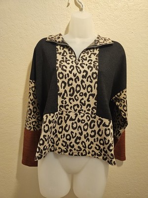 Women s L Colorblock Leopard Stripe Sweater Knit Boho Cozy Fall Trendy Neutral