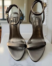 NWB Nine West Women’s Reina 3 Open Toe/Back Black Gold Stiletto Heels Size 6