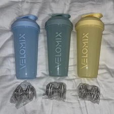 NEW Set Of 3 Velomix 22 OZ Protein Gym Shaker Mixer Bottles Blue Green Yellow 