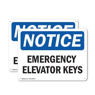 (2 Pack) Emergency Elevator Keys OSHA Notice Sign Decal Metal Plastic