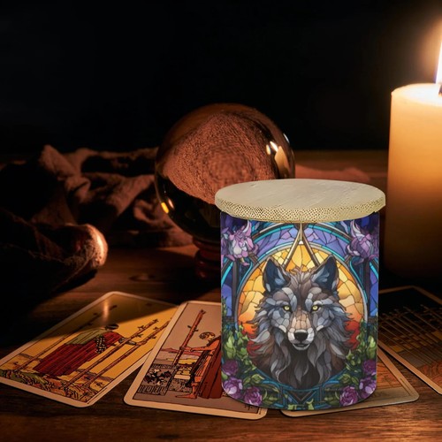 Wolf Stained Glass Look Frosted Candle Jar, Tealight With Timer Included - Picture 3 of 7