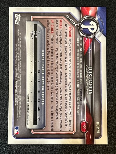 Luis Garcia 2018 Bowman Propsect 1st Chrome Yellow Canary Shimmer 75/75 Phillies - Picture 2 of 2