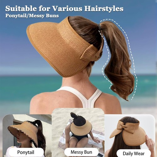 Sun Visor Hats Wide Brim Straw Beach Hat Ponytail Hats for Women Foldable Floppy