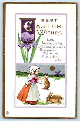 c1910's Easter Dutch Girl Little Bunnies Rabbit Flowers Posted Antique Postcard
