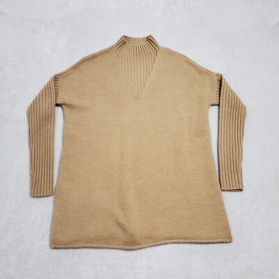 Tory Burch Sweater Women XS Tan 100% Merino Wool Mock Neck Pullover Long Sleeve