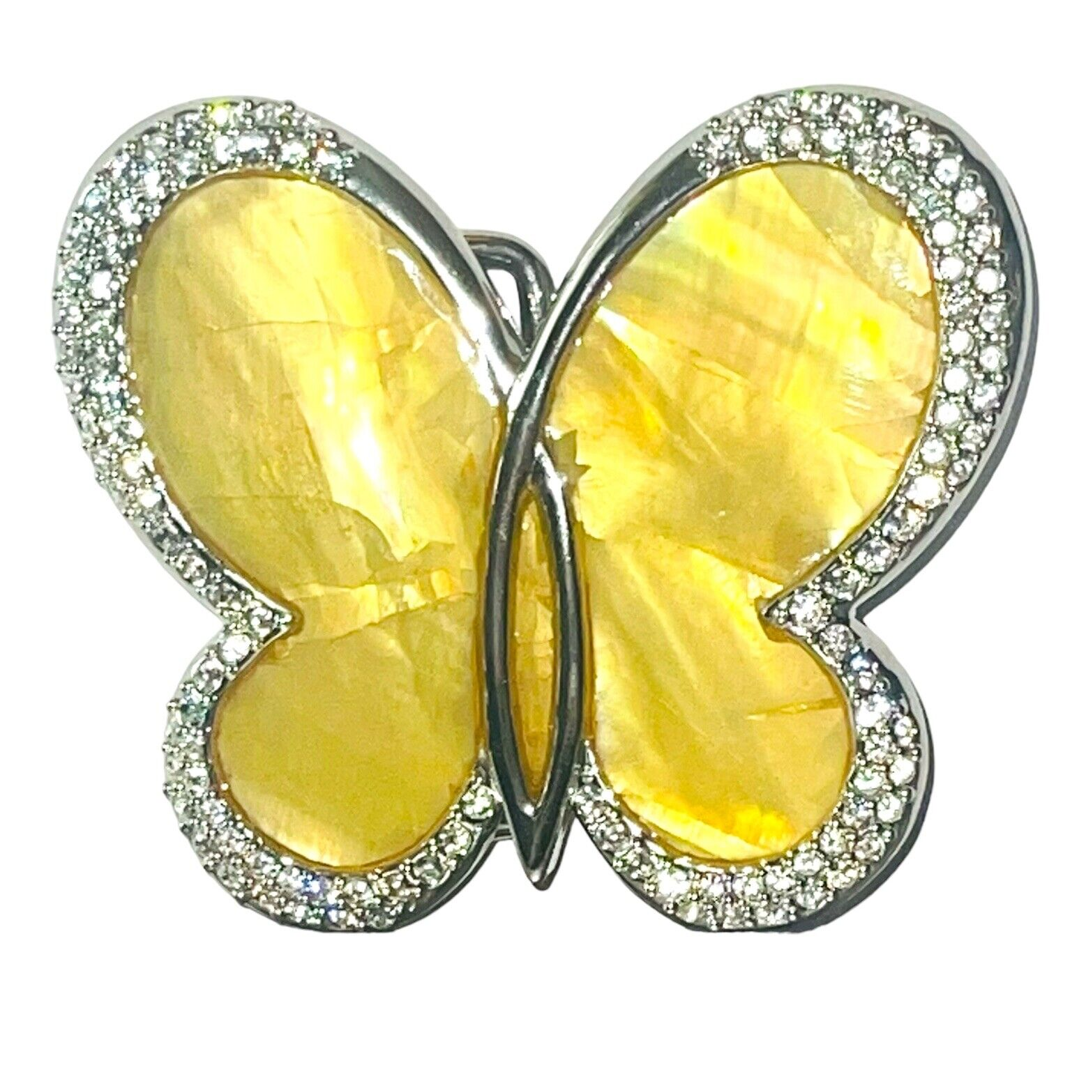 Interchangeable Belt Buckle Big Rhinestone Butterfly Silver Tone Yellow Shell