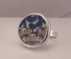 VTG EST Sterling Silver 925 Round Chinese Porcelain Floral Design Sz. 7.75 Ring