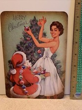 Christmas Decor Holiday Vintage Style Die Cut Cardboard Santa Lady Tree 5 X 7