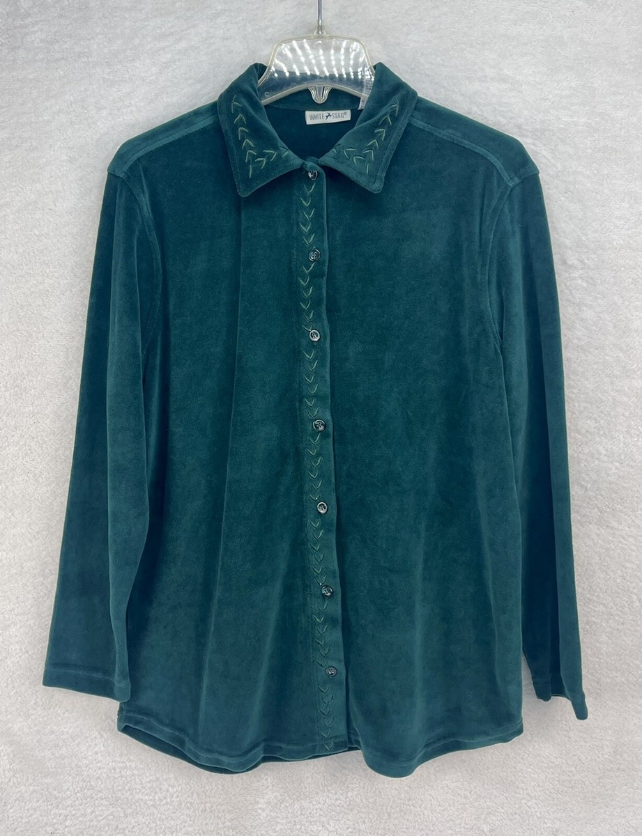 White Stag Velvet Shirt Jacket Embroidered Vine Design Sz S Hunter
