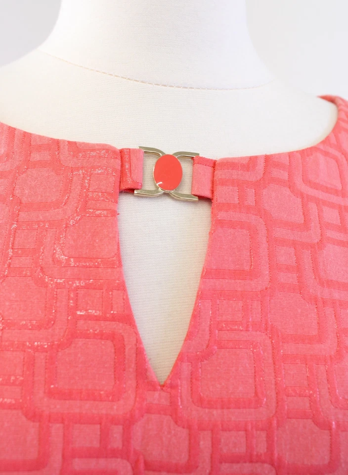 Vestido Tahari ASL Levine Naranja Coral Brillo Geométrico Manga Gorra Talla 8 Foto 4 de 4