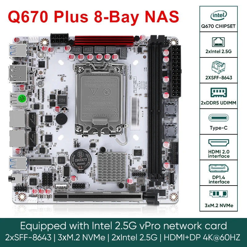 Q670 Plus Intel vPro 8-Bay NAS Motherboard 12/13/14th Gen LGA1700 3xNVMe ITX - Image 2 of 4
